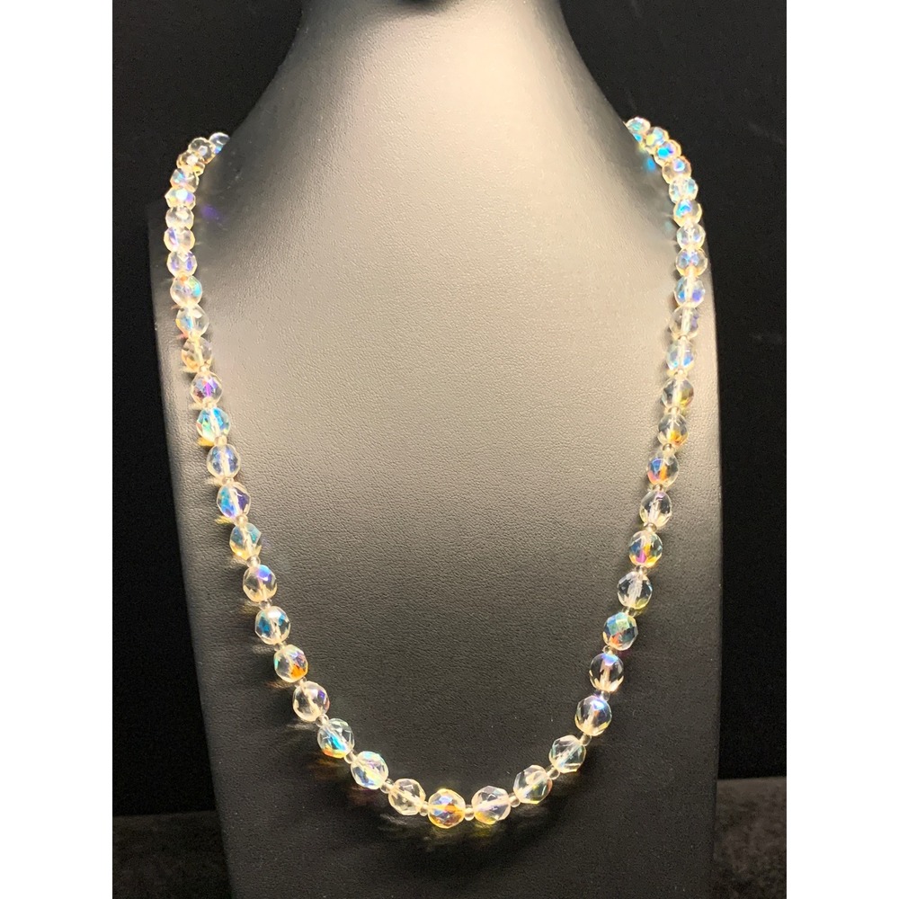 Vintage Aurora Borealis Crystal Bead Necklace Faceted Iridescent Glass 23 Inch
